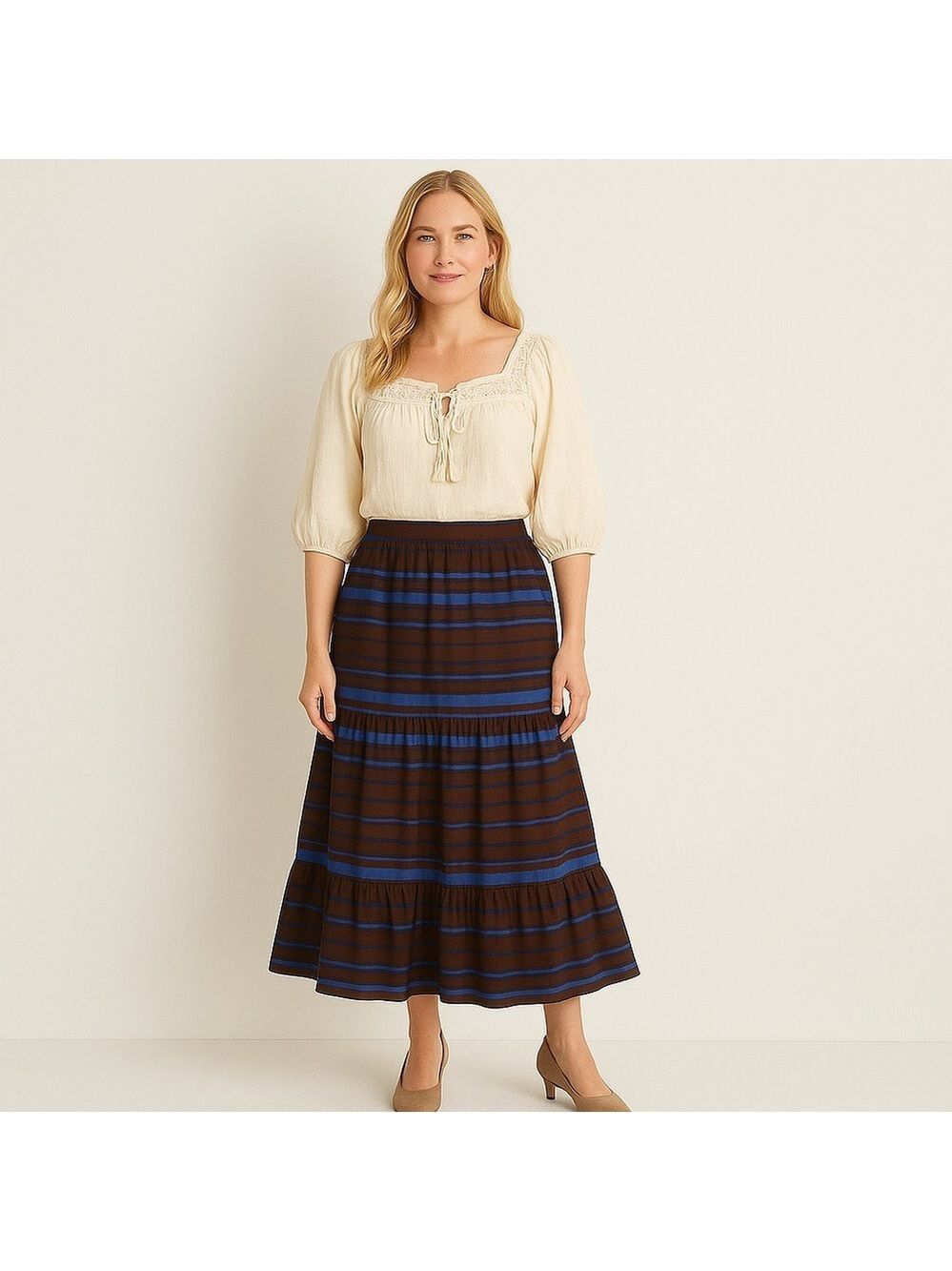 Banana Republic Boho Striped Midi Skirt Brown Blue Tiered Ruffle Flowy
Large